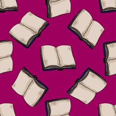 Seamless pattern of open book vector illustration on pink background