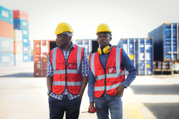 Fototapeta na wymiar Two African black male worker standing and wearing safety work equipment clothes is Working and checking containers at a warehouse, ship, cargo, import, export industry.