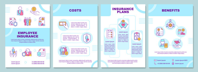 Fototapeta na wymiar Employee insurance brochure template. Health care. Booklet print design with linear icons. Vector layouts for presentation, annual reports, ads. Arial-Black, Myriad Pro-Regular fonts used