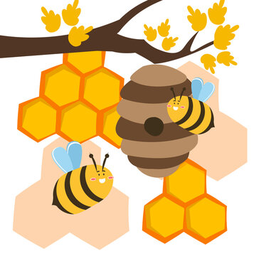 Bees near beehive. Insects guarding honey, producing sweets. Nature and wildlife, fauna and fresh air. Picture for printing on childrens clothes, stickers or badges. Cartoon flat vector illustration