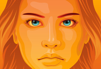 woman face front vector illustration long hair orange background