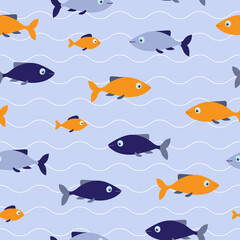 Fototapeta na wymiar Blue and orange fishes seamless pattern with waves on blue background. Good for textile, paper, background, scrapbooking.