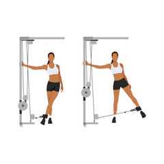 Fototapeta premium Woman doing Cable hip abduction. Adduction exercise. Flat vector illustration isolated on white background