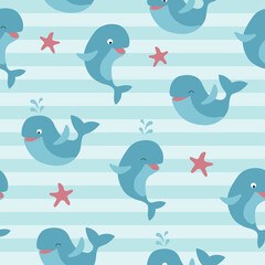 Seamless pattern of cute whales and starfish on blue striped background