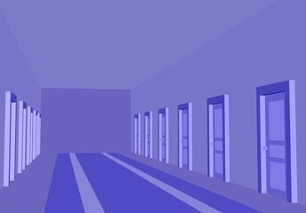 Hotel, clinic or hostel hall with violet or very peri color. Corridor with doors in perspective view.