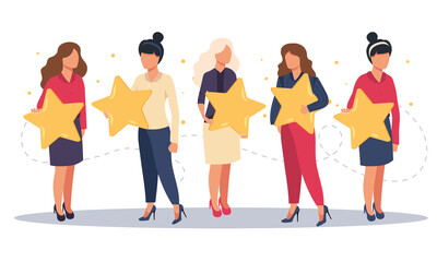 Obraz premium Concept of feedback, testimonials messages and notifications. Rating on customer service illustration. Five big stars with people sitting on them and giving reviews on their lap tops. Flat vector