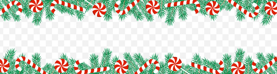 Pine branch border and candy cane. Christmas horizontal border. Vector illustration isolated.