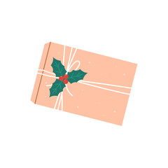 Gift box in crafting paper with mistletoe. Eco package with decor elements. Flat vector illustration.
