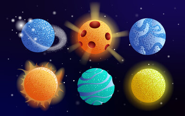A set of planets in a fantasy detailed style. Space illustrations.