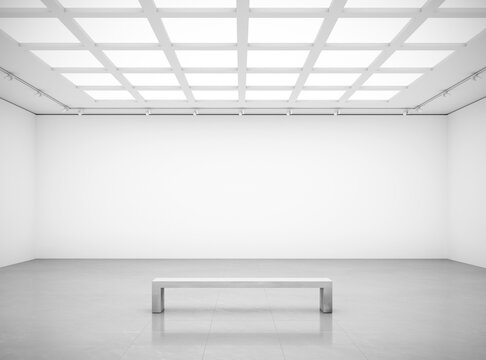 3D rendering illustration of blank walls white cube gallery room with bench for art show mockups.