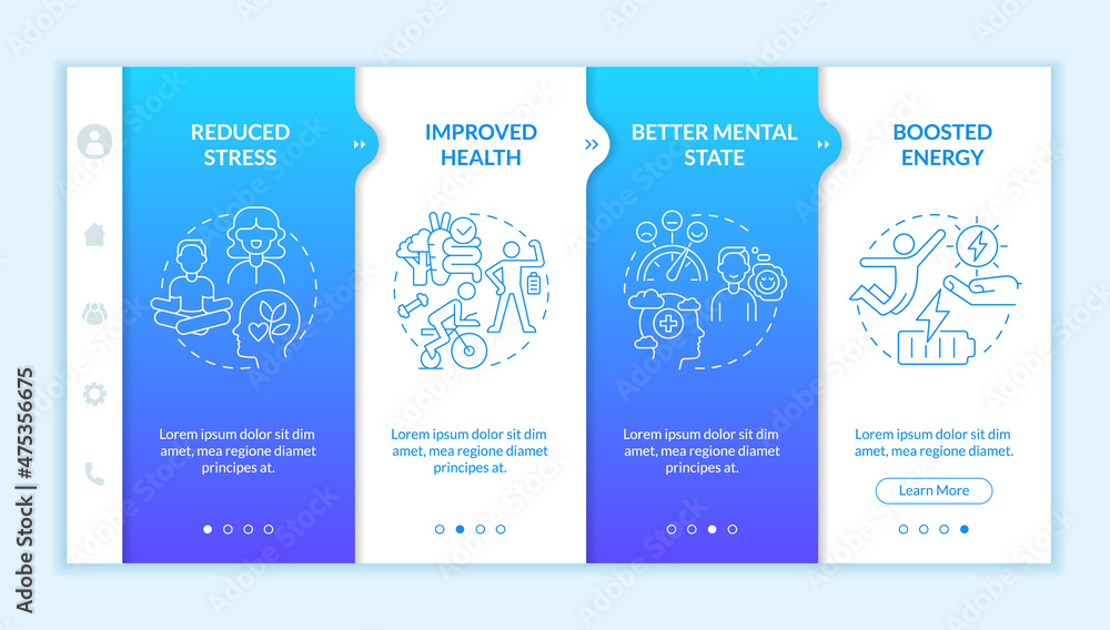 Poster benefits of life balance blue gradient onboarding template. wellbeing tips. responsive mobile websit
