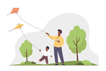 Happy father and son flying a kite in a park. Family weekend. Outdoor activity. Flat vector illustration.
