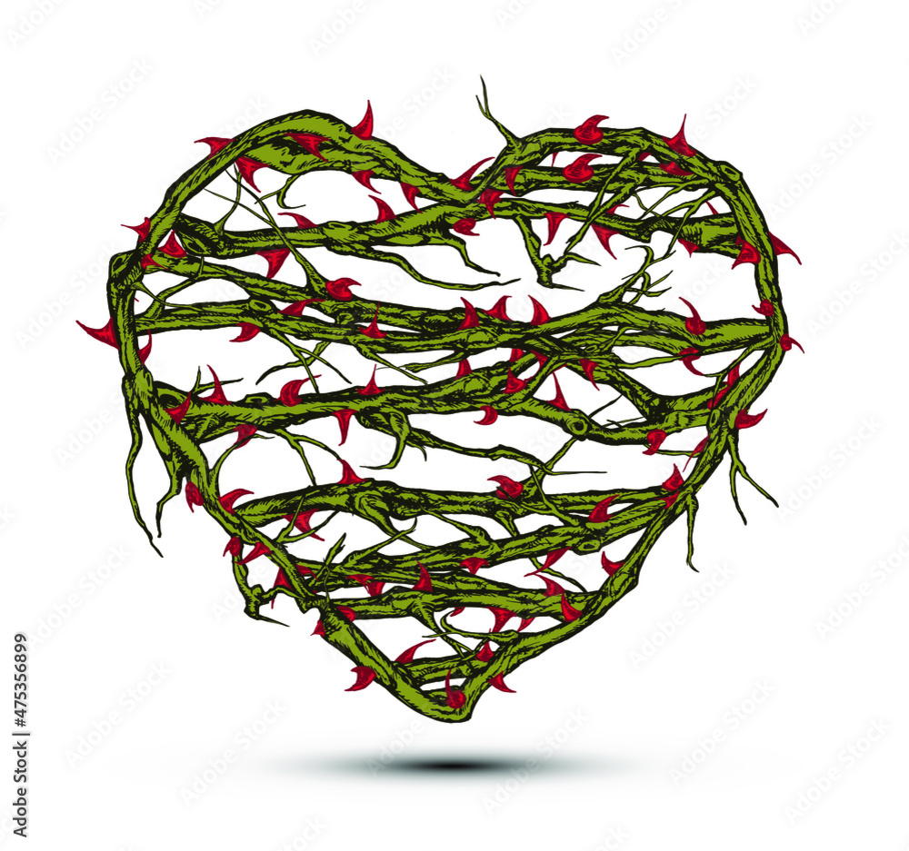 Wall mural hand drawn vector concept illustration of briar patch heart with stems and thorns.