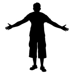 Vector silhouette of a male. The man cordially spread his arms to the sides welcoming the guests or inviting them to a hug.