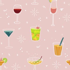 Club cocktails drinking night out vector seamless pattern, bar refreshment illustration, event celebration