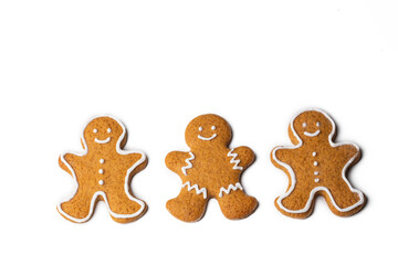 Christmas homemade gingerbread cookies, gingerbread man on the white background