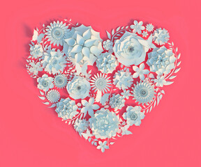 3D rendering illustration of white paper cut flowers, leaves and butterflies in the shape of a heart on pink background for valentine's day greeting cards and love anniversary backdrop.