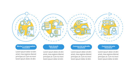 Insurance types blue circle infographic template. Corporate assurance. Data visualization with 4 step. Process timeline info chart. Workflow layout with line icons. Myriad Pro-Bold, Regular fonts used