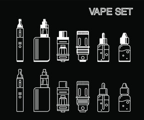 Vape set, e-cigarette minimalist line icons in flat style. Isolated black on white background.