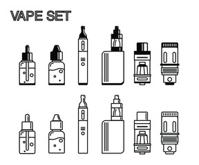 Vape set, e-cigarette minimalist line icons in flat style. Isolated black on white background.