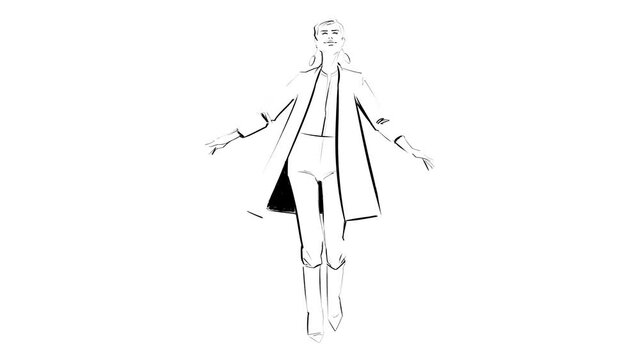 Fashion animation of a woman happily twirling and making pirouettes as she walks down the streetm dressed in overcoat, blouse, trousers and high heeled boots. 