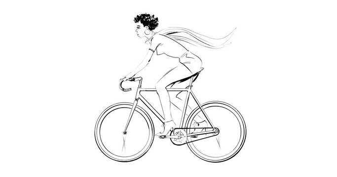 fashion animation of a woman of african descent cycling, riding a vintage racing bicycle, dressed in high heels, hot pants and a scarf. 