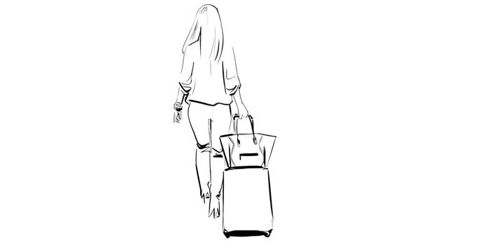 Fashion animation of a travelling woman walking with a trolley suitcase, dressed in sweater, jeans and over the knee boots. Hand drawn frame by frame animation. 