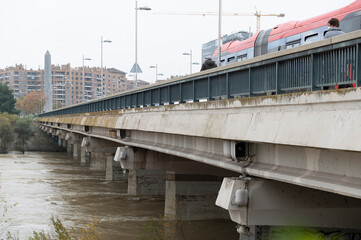 flood in the ebro river,bridge in the city of zaragoza,spain