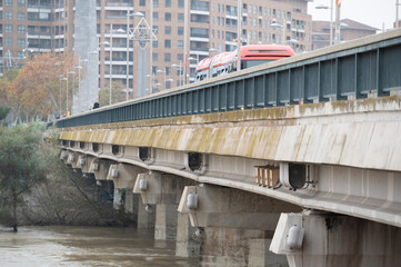 flood in the ebro river,bridge in the city of zaragoza,spain