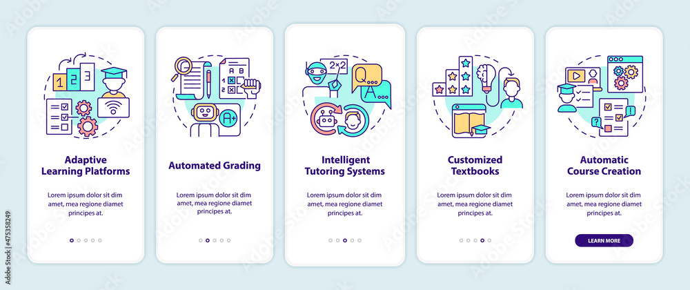 Poster automation of education onboarding mobile app screen set. ai walkthrough 5 steps graphic instruction