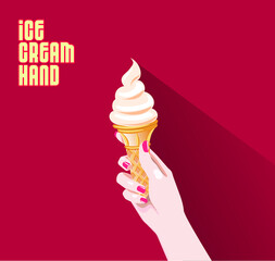 Ice Cream Hand. Vector illustration of elegant female hand with red nail polish holding an ice-cream in minimalist style isolated on burgundy background.