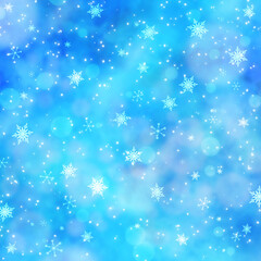 Fototapeta na wymiar Dreamy Blue Winter Bokeh and Snow Background Texture