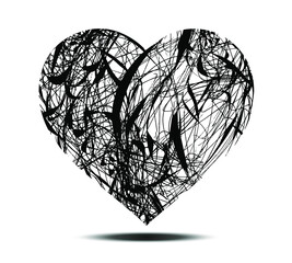 Abstract black and white vector heart shaped messy lines isolated on white background. 