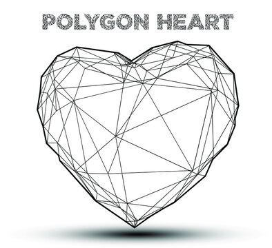 Abstract vector illustration of geometric polygonal white heart and black wire mesh design.