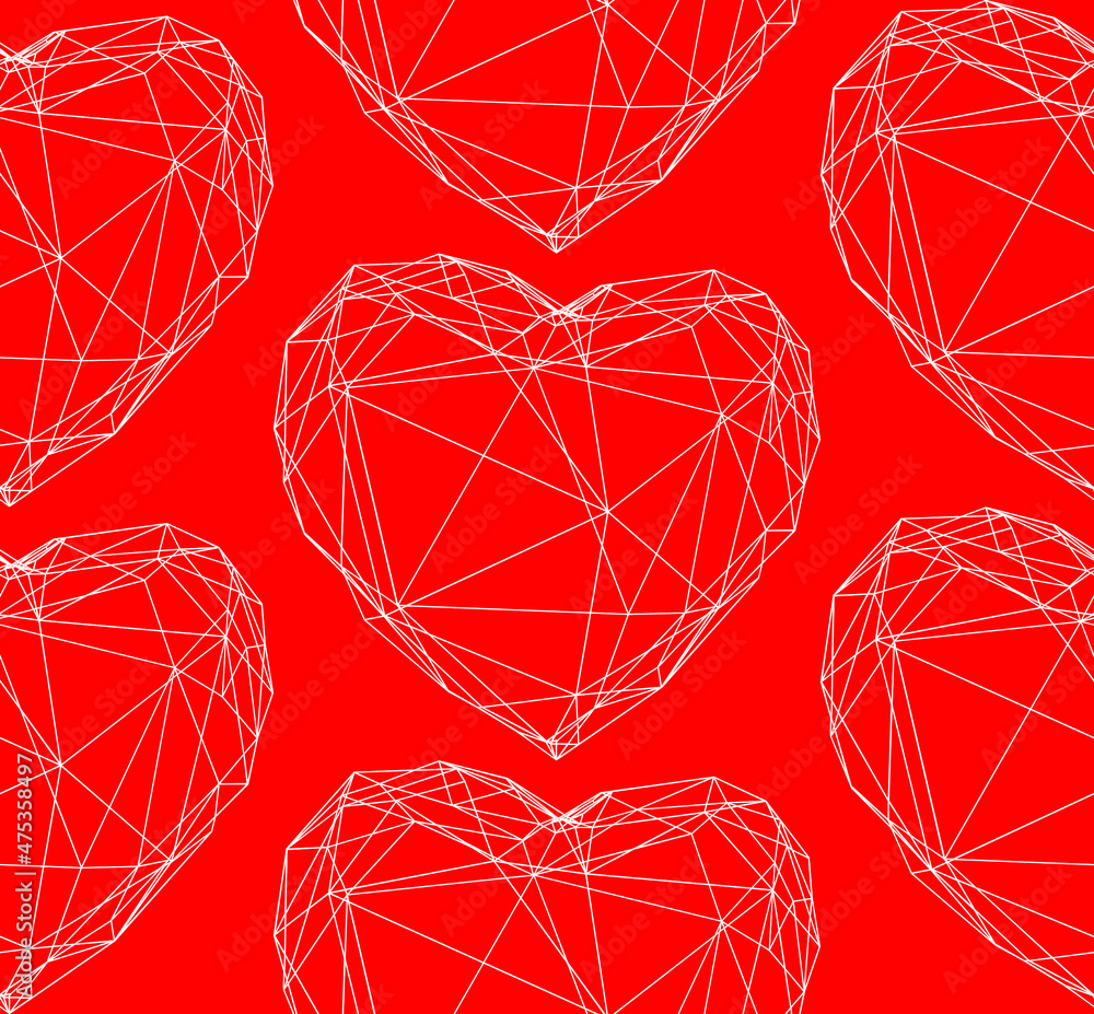Poster abstract vector seamless pattern of white geometric polygonal love heart wire lines on red backgroun