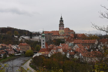Obraz premium Top view to red tile roofs of Prague city