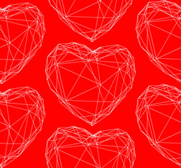 Abstract vector seamless pattern of white geometric polygonal love heart wire lines on red background seamless pattern.
