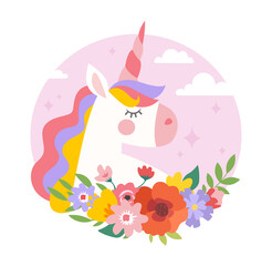 Unicorn in pink circle. Cute character for girls, beautiful icon for children, graphic elements for printing on fabric. Fantasy heroes, fictional creatures, rainbow. Cartoon flat vector illustration