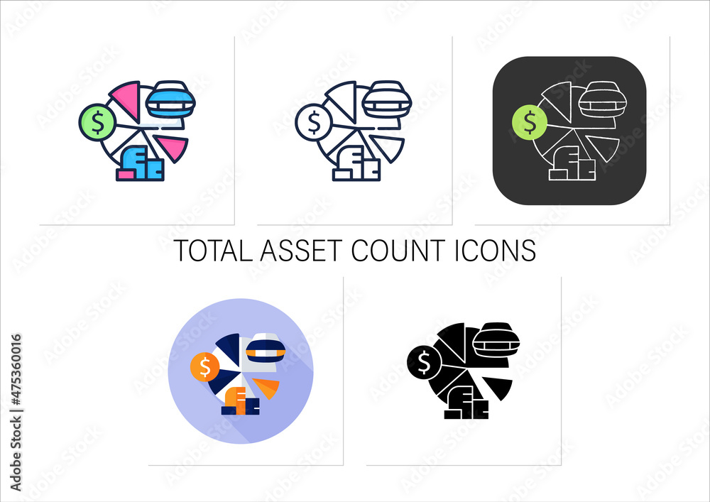 Poster total asset count icons set. all ownership aspects.accounts receivable,private property.asset manage