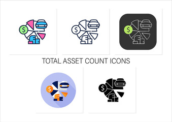 Total asset count icons set. All ownership aspects.Accounts receivable,private property.Asset management concept.Collection of icons in linear, filled, color styles.Isolated vector illustrations