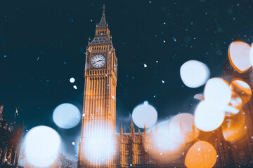 Famous Big Ben in the evening snow, London, England
