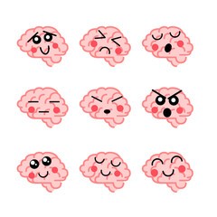 Set of bright human brains with cute faces, medical icons on white