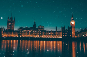 Famous Big Ben in the evening snow, London, England - obrazy, fototapety, plakaty