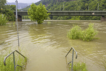 flood due to heavy rainfall at Neckargemund at the Neckar river in southern Germany