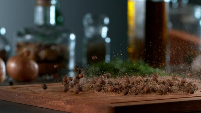 Camera Movement. Super Slow Motion Shot of Crushing Allspice, Filmed on High Speed Cinematic Camera at 1000 fps.