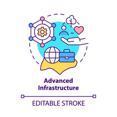 Advanced infrastructure concept icon. Move business to Asia abstract idea thin line illustration. Job growth. Isolated outline drawing. Editable stroke. Roboto-Medium, Myriad Pro-Bold fonts used