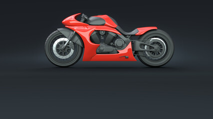 Fototapeta na wymiar Red motorcycle on a dark background with copy space for text. Sport bike concept. Sci-fi superbike. Modern high-speed transport. 3D render