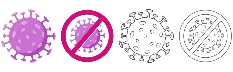 Set of colorful and outline virus icons isolated on white background. Covid-19 medical vector illustration. Stop pandemic coronavirus collection. Omicron symbol in flat style.