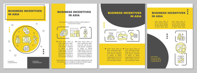 Tax incentives for business in Asia yellow brochure template. Booklet print design with linear icons. Vector layouts for presentation, annual reports, ads. Arial-Black, Myriad Pro-Regular fonts used