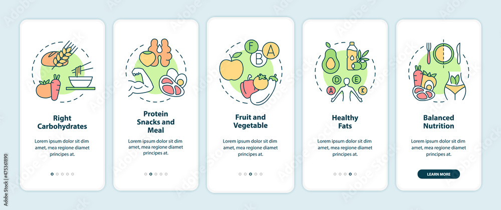 Poster right food for exercises onboarding mobile app screen. diet walkthrough 5 steps graphic instructions